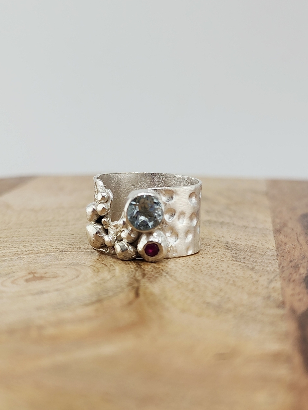 AQUAMARINE & PINK SAPPHIRE BRUTALIST RING HANDMADE IN STERLING SILVER SIZE 8 - Picture 11 of 11